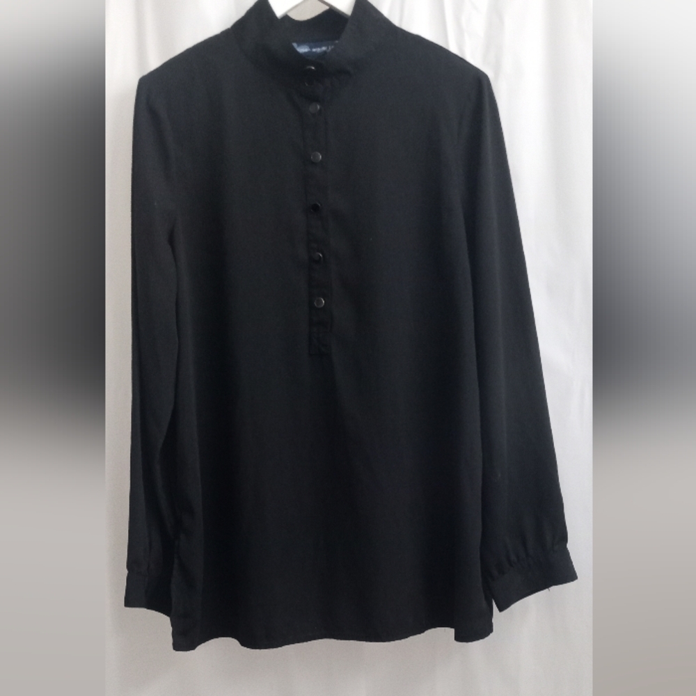 Susan Graver Style Button Down Black Blue Vintage Blouse -Shoulder Pads -Size: M - Picture 1 of 10